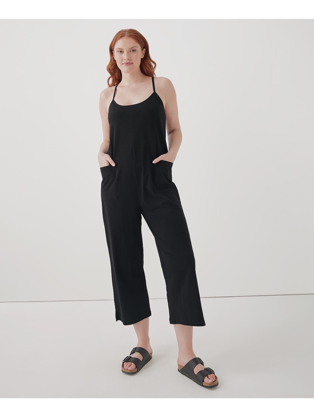 Pact Organic Cotton Cool Stretch Lounge Jumpsuit medium black sleeveless cropped
